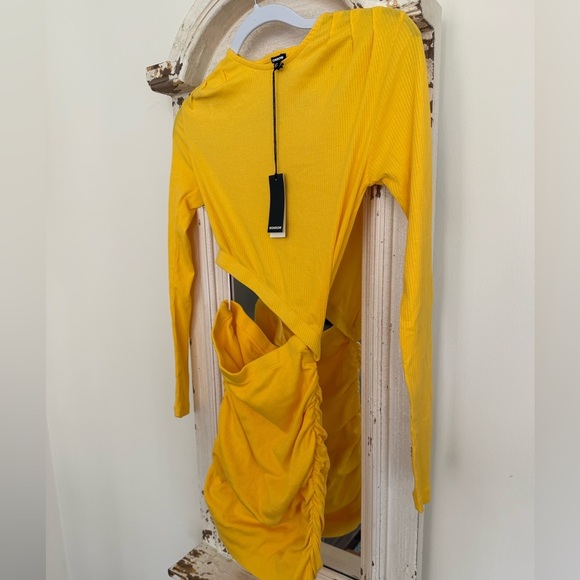 NWT Monrow Bright Yellow Ribbed Longsleeve Cutout Mini Dress - Picture 4 of 5